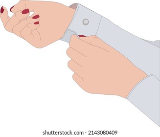 Woman fastens cufflinks on the white shirt.