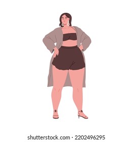 Woman with fat curvy body, plump chubby figure. Attractive plus-size girl standing bikini and heeled sandals. Stout female in swimwear. Flat graphic vector illustration isolated on white background