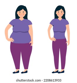 Woman fat and slim body after weight loss in flat design on white background.