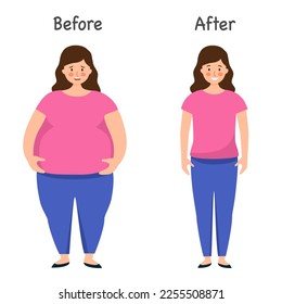 Woman fat and slim body after weight loss in flat design on white background.