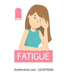 Woman with fatigue. Tired beautiful person is bored and upset. Unhappy expression. Isolated flat vector illustration
