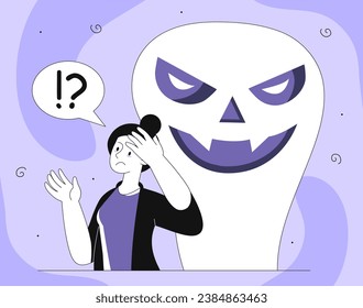 Woman with fear concept. Young girl at background of scary and spooky ghost or spirit. Paranoia and schizophrenia. Mental disorder and psychological problems. Linear flat vector illustration