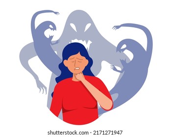  woman fear and crying with imaginary ghosts flying around her Mental disorder and diseases, psychopath or schizophrenic person. Vector in flat style