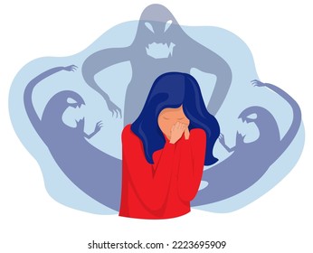 woman fear and crying with imaginary ghosts flying around her Mental disorder and diseases, psychopath or schizophrenic person. Vector in flat style