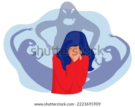 woman fear and crying with imaginary ghosts flying around her Mental disorder and diseases, psychopath or schizophrenic person. Vector in flat style