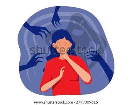 woman fear and crying with imaginary ghosts flying around her Mental disorder and diseases, psychopath or schizophrenic person. Vector in flat style