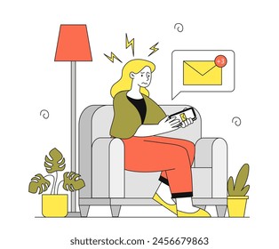 Woman with fear of new simple. Girl with smartphone with new message at email. Notification at phone. Mental and psychological problems. Cartoon flat vector illustration isolated on white background