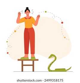 Woman with fear of snakes. Young girl stands on stool and looks at snake in horror. Person with ophidiophobia. Mental and psychological problems. Flat vector illustration isolated on white background