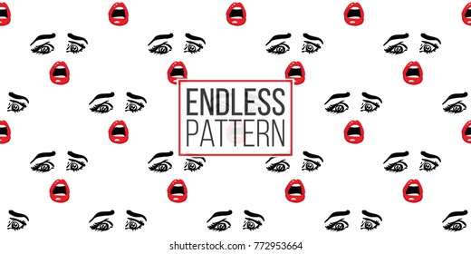 Woman fearful vector emoticons, emoji, smiley icons, characters. Fashion illustrated women's emotional faces seamless pattern.