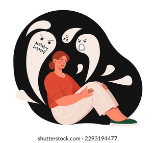 Woman with fears. Nightmare, schizophrenia and paranoia, insomnia. Young girl sits near ghosts in dark. Psychology and mental disorder, anxiety. Cartoon flat vector illustration