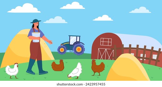 Woman feed chickens concept. Farmer with bucket near hen and tractor. Rural village. Agriculture and farming. Young girl near barn with seeds and crop. Cartoon flat vector illustration
