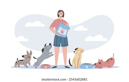 Woman feed dog. Young girl with bag of food stands near puppies. Charity, generosity and kindness. Charitable organization volunteer. Flat vector illustration isolated on white background