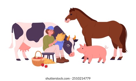 Las mujeres alimentan a los animales de granja. Trabajador de Country con la vaca linda, el caballo y el lechón, el carácter femenino cuida de los animales domésticos Ilustración vectorial plana. Agricultor haciendo trabajo agrícola