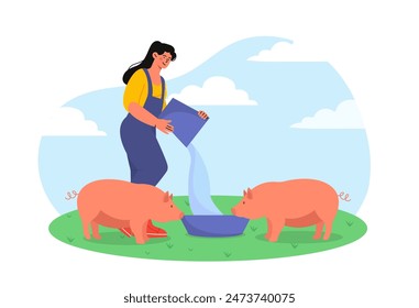 Woman feed pigs. Young girl in uniform gives water and food to pets, livestock. Farming and agriculture. Farmer with chores and routine. Cartoon flat vector illustration isolated on white background