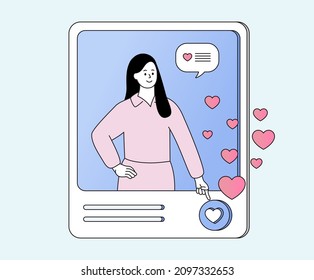 The woman in the feed who is asking me to press like illustration set. Button, heart, SNS, square, girl. Vector drawing. Hand drawn style.