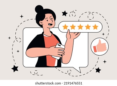 Woman with feedback. Young girl holding sign with five stars. Collecting user opinions on Internet, modern marketing and promotion on social media. Rating and ranking. Cartoon flat vector