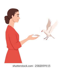 Woman Feeding a Bird. Woman offers food to a flying bird, connection with nature. Flat vector illustration isolated on white background