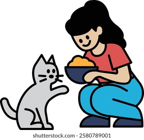 A woman is feeding a cat. The cat is gray and is sitting on the ground. The woman is kneeling down and holding a bowl of food for the cat. The scene is playful and heartwarming