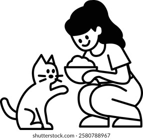 A woman is feeding a cat. The cat is looking at the woman with a curious expression. The woman is kneeling down and holding a bowl of food for the cat