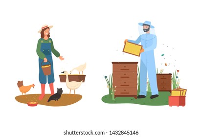 Woman feeding chicken and goose, man in uniform holding hives with honey, agricultural workers, beekeeper and farmer portrait view, country farmland vector