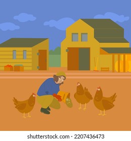 The Woman Feeding The Chicken On The Farm. Pasture-raised Birds. Friends Not Food. Happy Animal Friend, No Cruelty, Vegetarianism Concept. Modern Agriculture. Vector Illustration In A Flat Style