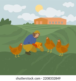 The Woman Feeding The Chicken On The Farm. Pasture-raised Birds. Friends Not Food. Happy Animal Friend, No Cruelty, Vegetarianism Concept. Modern Agriculture. Vector Illustration In A Flat Style