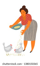 Woman feeding chickens, female farmer taking care of animal on farm, poultry breeding vector Illustration isolated on a white background