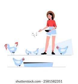 Woman Feeding Chickens On A Farm, Rural Agriculture, And Livestock Care In Flat Vector Illustration Symbolizing Sustainable Farming And Animal Care, Isolated On White Background.