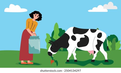 Woman feeding a cow in a verdant pasture, exemplifying sustainable dairy farming.

