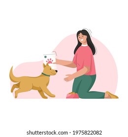 Woman is feeding dog. Owner takes care of puppy. Happy pet living at home. Animal health care and veterinary, volunteer from shelter concept. Vector character illustration isolated on white background