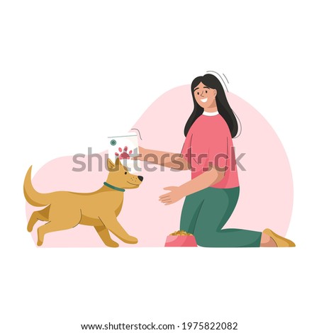 Woman is feeding dog. Owner takes care of puppy. Happy pet living at home. Animal health care and veterinary, volunteer from shelter concept. Vector character illustration isolated on white background