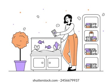 Woman feeding fish linear. Young girl near aquarium with domestic animals. Comfort and coziness indoors. Owner with food for fish. Doodle flat vector illustration isolated on white background