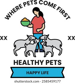 A woman is feeding a group of animals in the style of sign illustrations