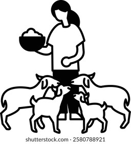 A woman is feeding a group of goats. The goats are all different sizes and are gathered around her