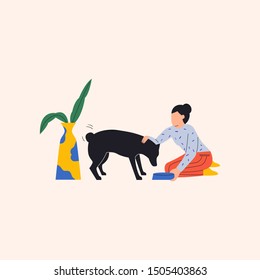 Mujer alimentando a su perro. Mujer sentada y picando a su perro con un plato en el suelo. Perro está parado esperando comida. Una bolsa con flores cerca de ellos. Ilustración vectorial plana