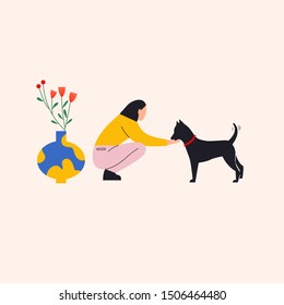 Woman feeding her dog. Woman sitting and feeding dog from hand. Dog is standing and waiting for food. Vase with flowers near them. Flat vector illustration