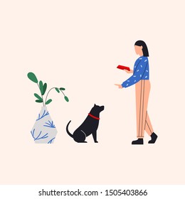 Woman feeding her dog. Woman standing and pointing at dog with dish bowl in her hand. Dog is sitting and waiting for food. Vase with flowers near them. Flat vector illustration