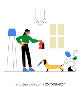 Woman Feeding Her Dog With Treats In A Living Room, Flat Vector Illustration Symbolizing Pet Care, Love For Animals, And Domestic Life, Isolated On White Background