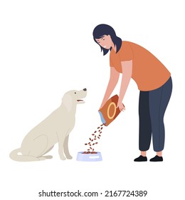 Woman Feeding Her Dog Vector Flat Illustration. Female Owner Sprinkling Dry Food Doggy Eating In Bowl Isolated. Volunteer Giving Meal To Pet Social Aid Animals Shelter. Donation Charity And Friendship