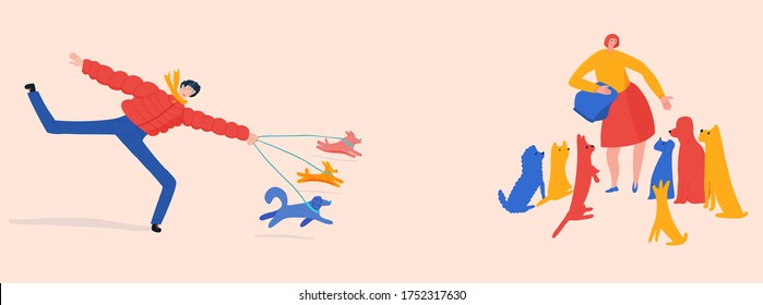 Woman feeding rescued dogs in animal shelter while other dogs are happily running to them with man walking the dogs. Vector illustration.