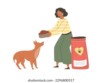 Woman feeding stray dog with dog food, flat vector illustration isolated on white background. Rescue animals in shelter. Help for street dogs. Hungry free-ranging dog.