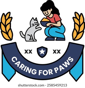 A woman feeds a cat in the style of sign illustrations