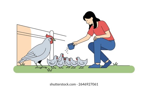 Woman Feeds Chickens and Rooster on a Farm with Fence and Grass