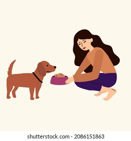 A woman feeds her cat. A woman is sitting and stroking her cat with a bowl on the floor. The cat is standing and waiting for food. Pet food next to them. Flat vector illustration