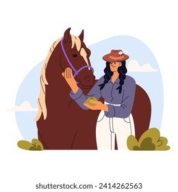 Woman feeds horse by apple. Stable worker cares about pet. Owner loves her mare. Domestic animal eating on ranch. Rural lifestyle on equine farm. Flat isolated vector illustration on white background