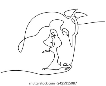 Woman feeds horse. Continuous one line drawing art. Horse and woman heads logo. Black and white vector illustration. Concept for logo, card, banner, poster, flyer