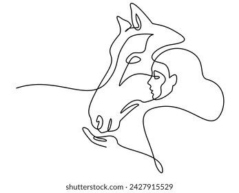 Woman feeds horse. Continuous one line drawing art. Horse and woman heads logo. Black and white vector illustration. Concept for logo, card, banner, poster, flyer