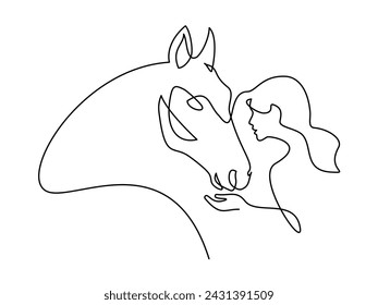 Woman feeds horse. Continuous one line drawing art. Horse and woman heads logo. Black and white vector illustration. Concept for logo, card, banner, poster, flyer