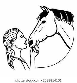 Woman feeds horse. Continuous one line drawing art. Horse and woman heads logo. Black and white vector illustration. Concept for logo, card, banner, poster, flyer Vector illustration with white backgr