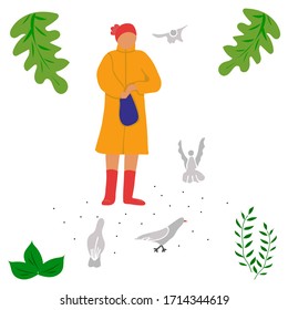 A woman feeds pigeons. Colorful vector illustration.